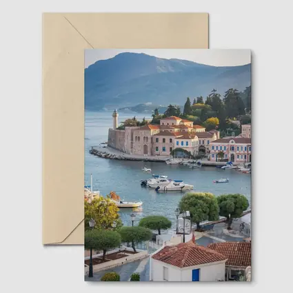 Greek Coastal Town Harbor With Mountain View
