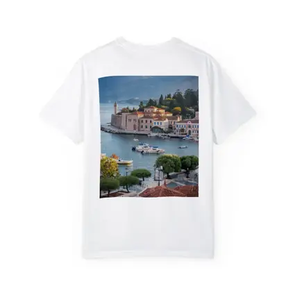 Greek Coastal Town Harbor With Mountain View