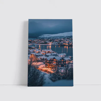 Snowy Nordic Town Winter Evening Lights