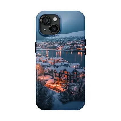 Snowy Nordic Town Winter Evening Lights