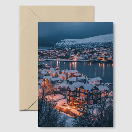 Snowy Nordic Town Winter Evening Lights