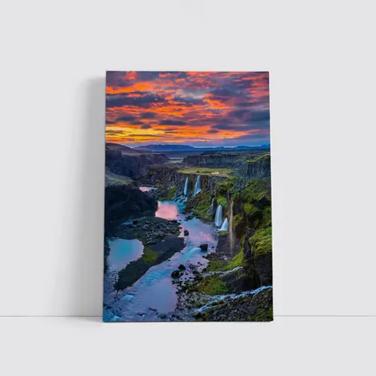 Iceland Canyon Waterfalls Fiery Sunset Sky