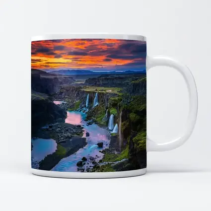 Iceland Canyon Waterfalls Fiery Sunset Sky