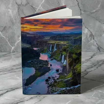 Iceland Canyon Waterfalls Fiery Sunset Sky