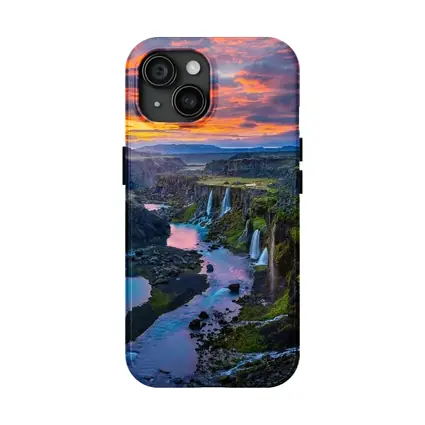 Iceland Canyon Waterfalls Fiery Sunset Sky