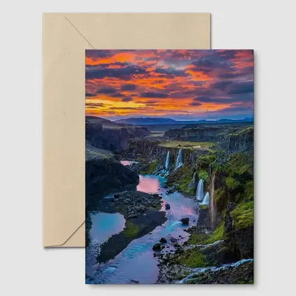 Iceland Canyon Waterfalls Fiery Sunset Sky