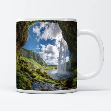 Cave View Waterfall Green Iceland Landscape