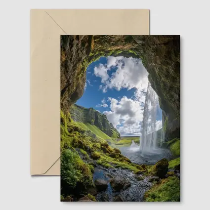 Cave View Waterfall Green Iceland Landscape