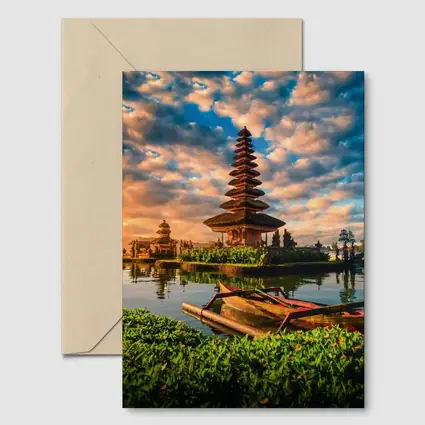 Bali Temple Lake Sunset Golden Sky