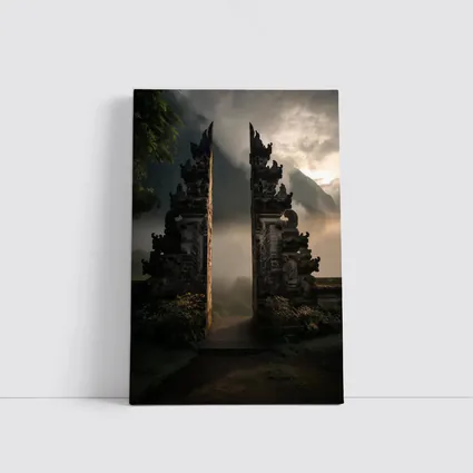 Balinese Temple Gate Misty Mountain Landscape