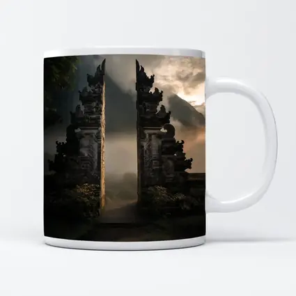 Balinese Temple Gate Misty Mountain Landscape