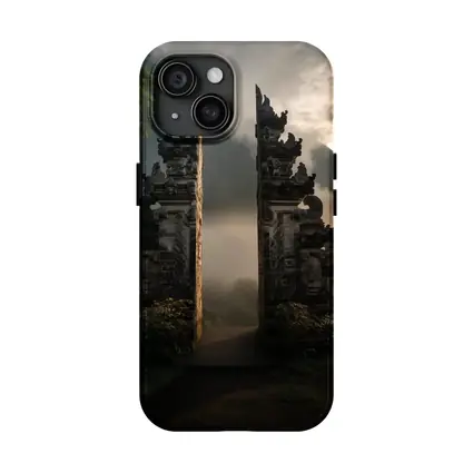 Balinese Temple Gate Misty Mountain Landscape