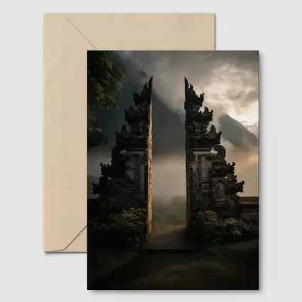 Balinese Temple Gate Misty Mountain Landscape