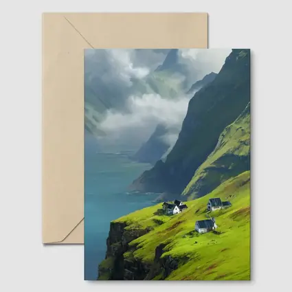 Green Cliffside Village Overlooking Dramatic Fjord