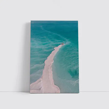 Aerial View Couple Walking Turquoise Salt Shore