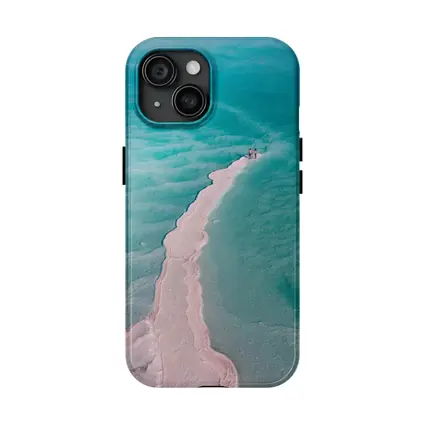 Aerial View Couple Walking Turquoise Salt Shore