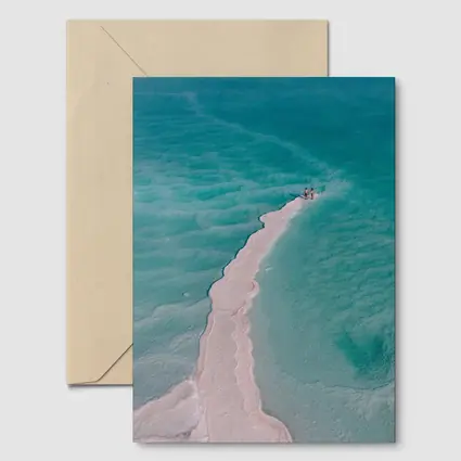 Aerial View Couple Walking Turquoise Salt Shore