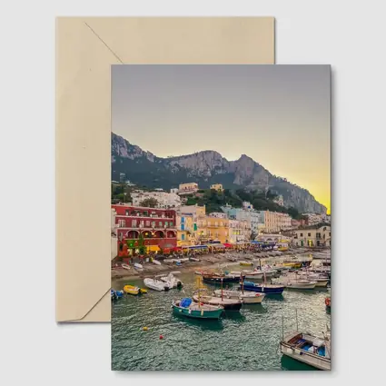 Capri Harbor Colorful Buildings Mountain Sunset