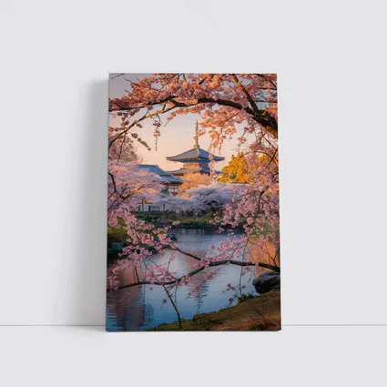 Japanese Temple Cherry Blossoms Pond Sunset