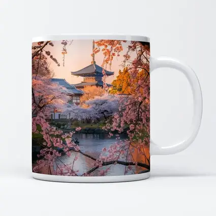 Japanese Temple Cherry Blossoms Pond Sunset