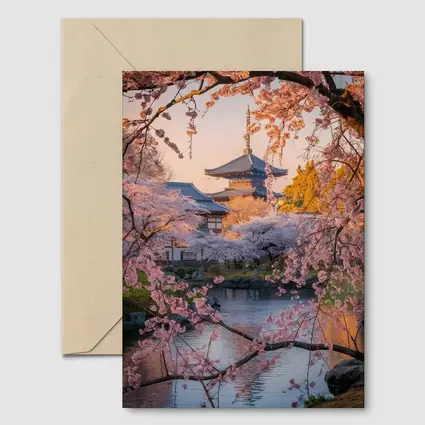 Japanese Temple Cherry Blossoms Pond Sunset