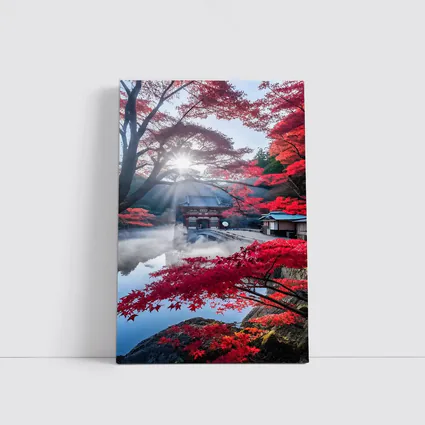 Japanese Temple Red Maple Autumn Mist