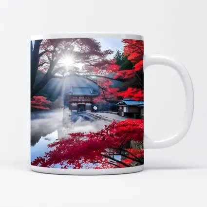 Japanese Temple Red Maple Autumn Mist