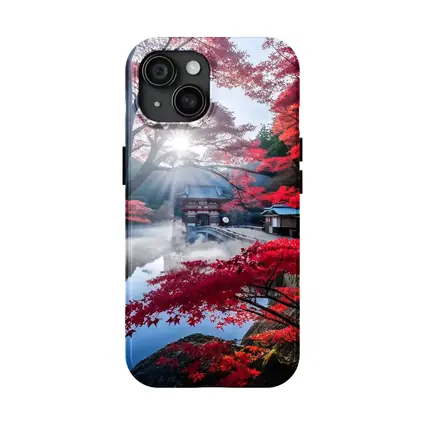 Japanese Temple Red Maple Autumn Mist