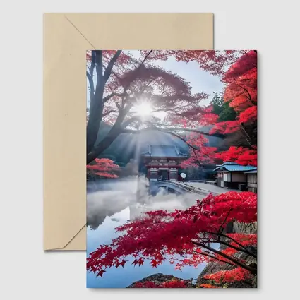 Japanese Temple Red Maple Autumn Mist