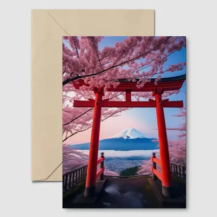 Red Torii Gate Mount Fuji Cherry Blossoms