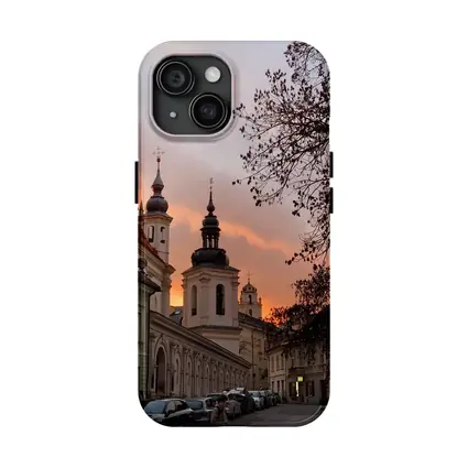 Church Towers Glowing Sunset Sky Street