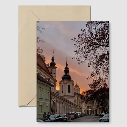 Church Towers Glowing Sunset Sky Street