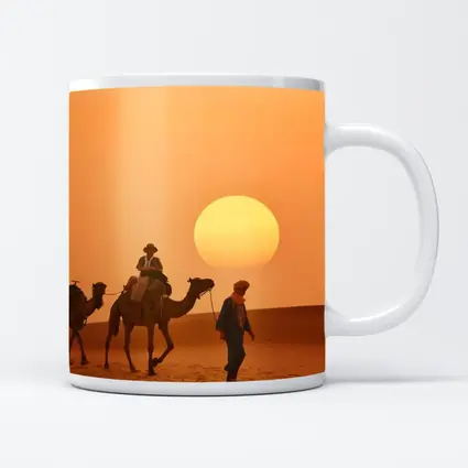 Camel Caravan Walking Desert Golden Sunset