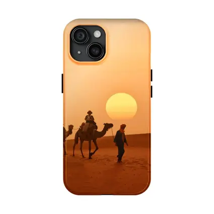 Camel Caravan Walking Desert Golden Sunset