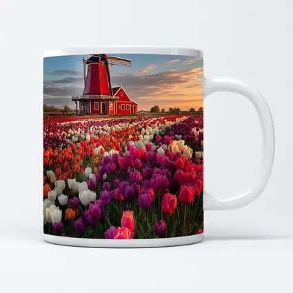 Dutch Windmill Red Tulip Field Landscape