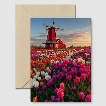 Dutch Windmill Red Tulip Field Landscape