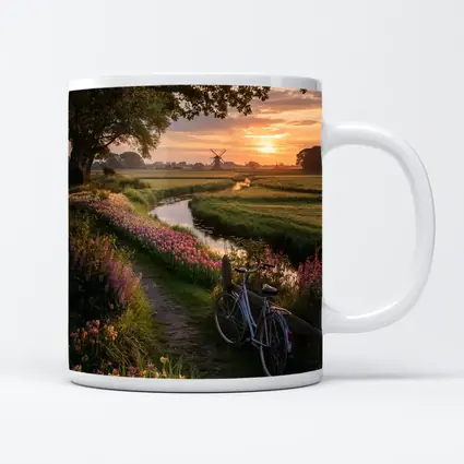Dutch Windmill Sunset Bicycle Flower Fields