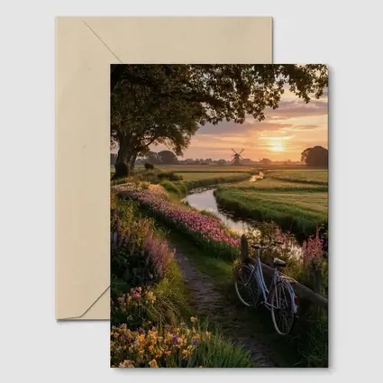 Dutch Windmill Sunset Bicycle Flower Fields