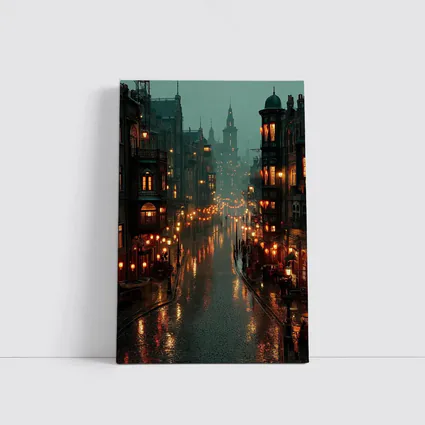Rainy City Street Glowing Lanterns Night