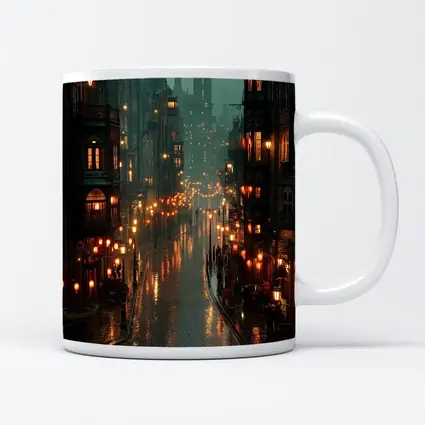 Rainy City Street Glowing Lanterns Night