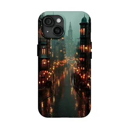 Rainy City Street Glowing Lanterns Night