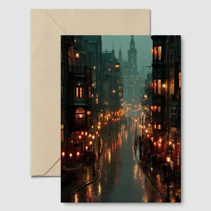 Rainy City Street Glowing Lanterns Night