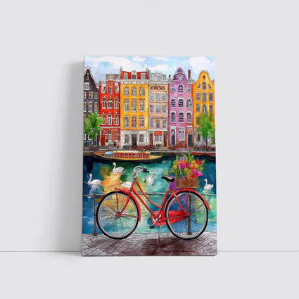 Red Bicycle Amsterdam Canal Colorful Buildings Art