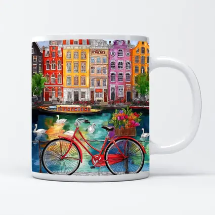 Red Bicycle Amsterdam Canal Colorful Buildings Art