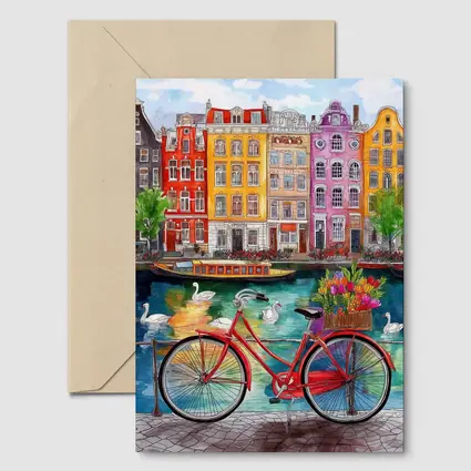Red Bicycle Amsterdam Canal Colorful Buildings Art