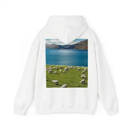 Sheep Grazing Green Meadow Mountain Lake