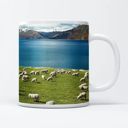 Sheep Grazing Green Meadow Mountain Lake