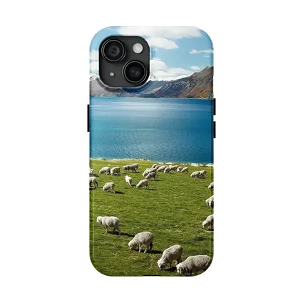 Sheep Grazing Green Meadow Mountain Lake