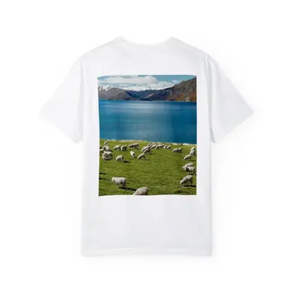 Sheep Grazing Green Meadow Mountain Lake
