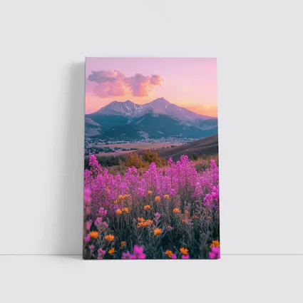 Pink Wildflowers Mountain Sunset Landscape